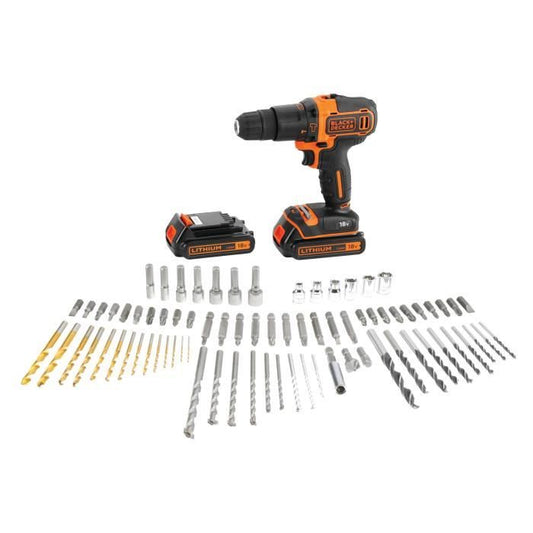 BLACK & DECKER - Percussion Drill - Li Ion Battery 2x18 V + 80 Accessories in Box - Black and Orange