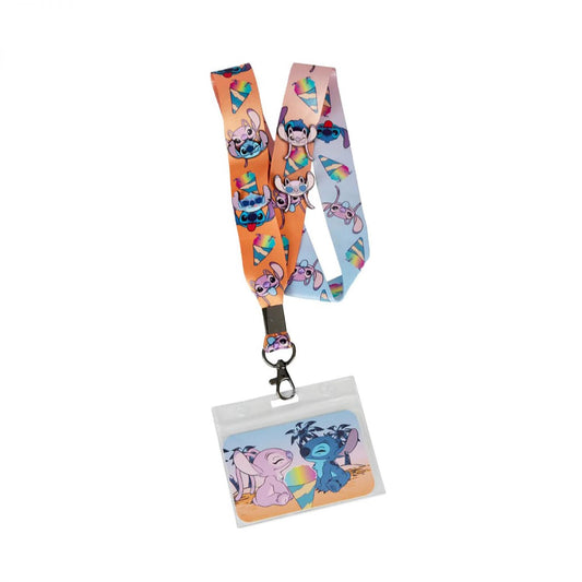 Disney Angel and Stitch Snow Cone Lanyard with Card Holder and 4 Pins