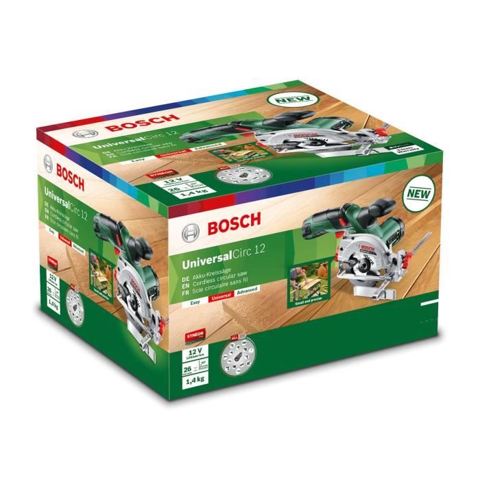 Bosch wireless circular saw-Universalcirc 12 (1 battery 12V-2.5Ah + parallel stop + saw blade + push vacuum cleaner)