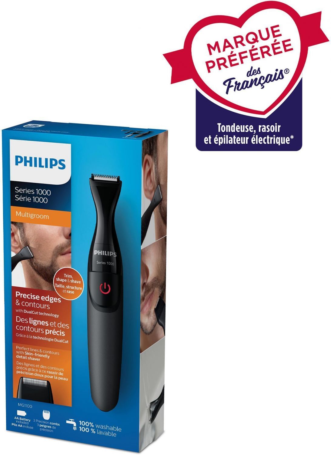 PHILIPS MG1100 / 16 Precision trimmer with 3 beard and mini razor clogs - battery operated