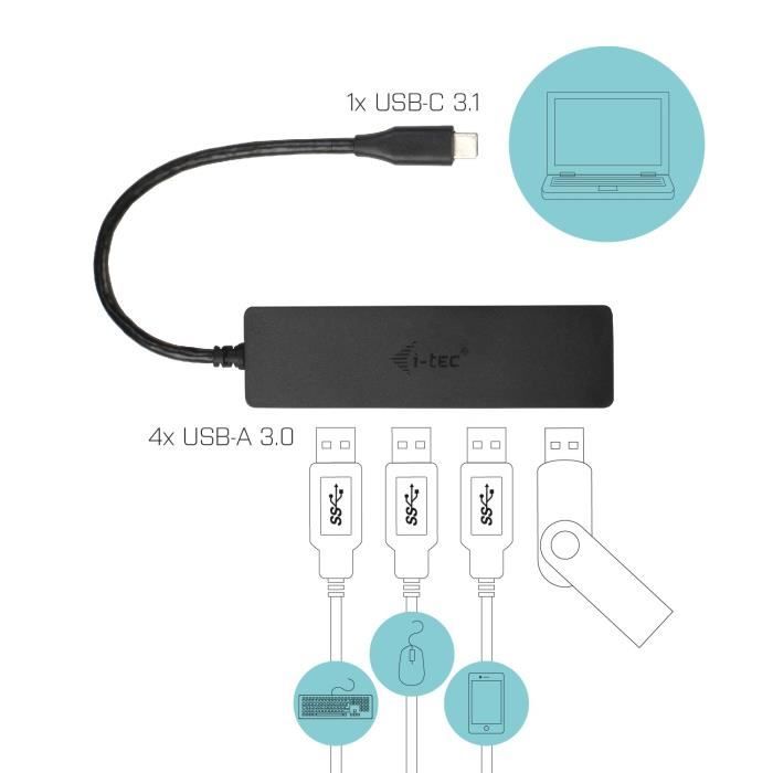 USB-C HUB I-TEC with 4 USB 3.0 Ports with Integrated Cable 20cm