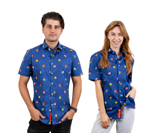 Super Mario Bros. Icons Navy Button-Up Short Sleeve Adult Shirt | XX-Large