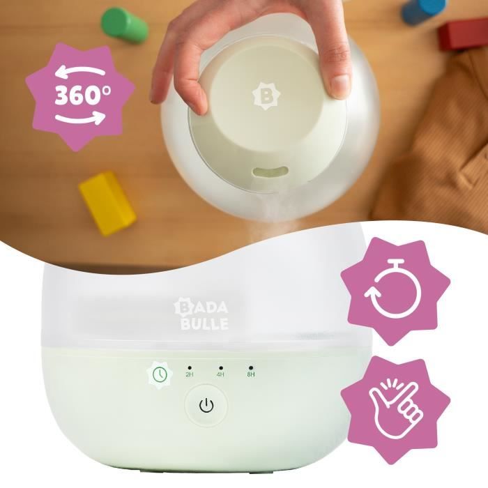 Badabulle Bubble Air Humidifier - Ensures Good Humidity Level - Integrated Night Light - 360° Nozzle - Up to 16 hours of Battery Life (2L)