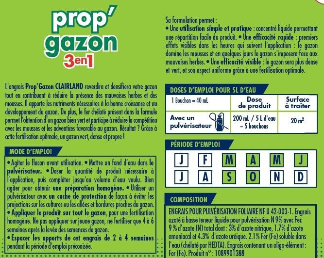 Prop'Gazon 3 in 1 Liquid Lawn Fertilizer - Clairland - Concentrate 2.5 L