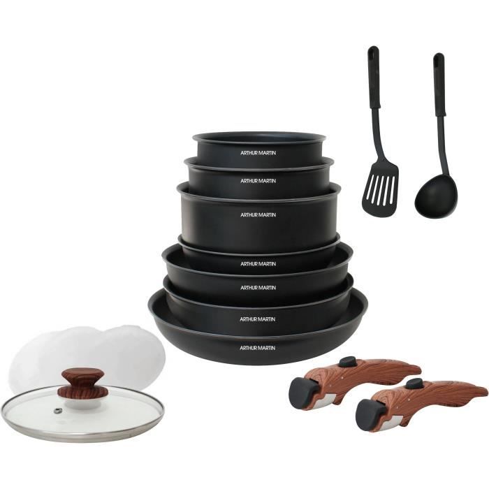 Arthur Martin AM1502 15-piece cookware set - removable wood-effect handle - all heat sources including induction