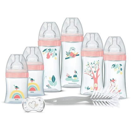 Dodie Birth Kit - 6 Anti-Colic Bottles, Flat Teats, 1 Anatomical Pacifier 0-2 Months, 1 Bottle Brush - BPA Free - Green