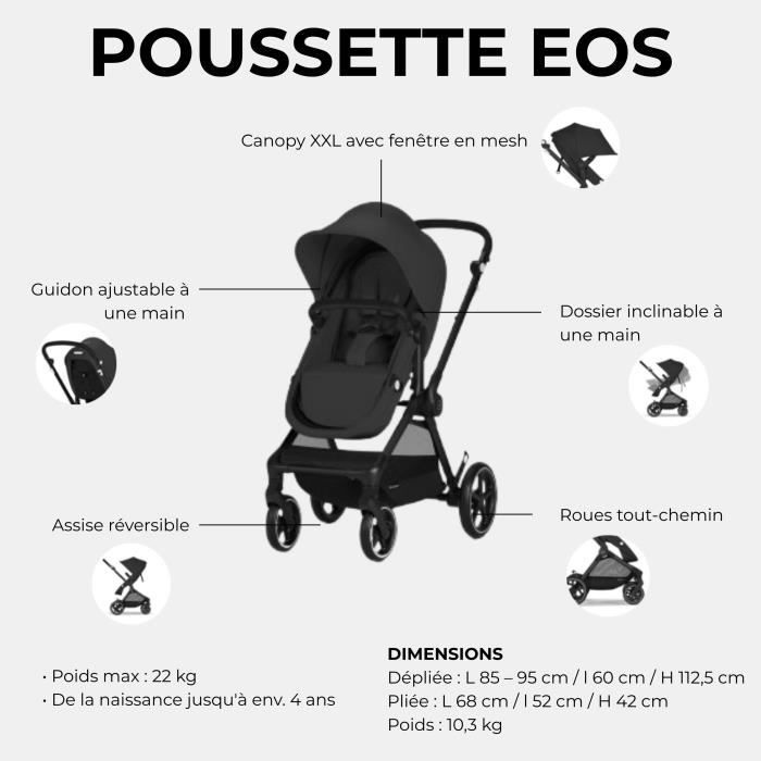 CYBEX EOS BLACK Moon Black Trio Stroller Pack: 2in1 convertible stroller + Aton B2 i-size car seat + Convertible carrycot hammock