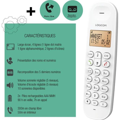 Cordless landline phone - LOGICOM - DECT ILOA 155T SOLO - White - With answering machine