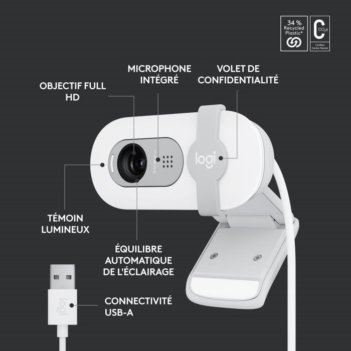 Webcam - Full HD 1080p - LOGITECH - Brio 100 - Integrated microphone - Off-white - (960-001617)