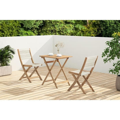 FSC acacia wood folding bistro set with beige rope weave - 2 people - MAKENA