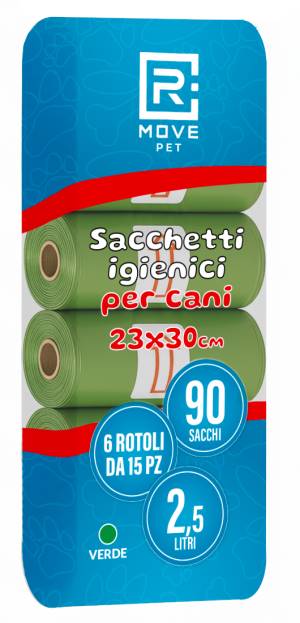 6 Rotoli da 15 Sacchi Rifiuti Animali Verde RMOVE