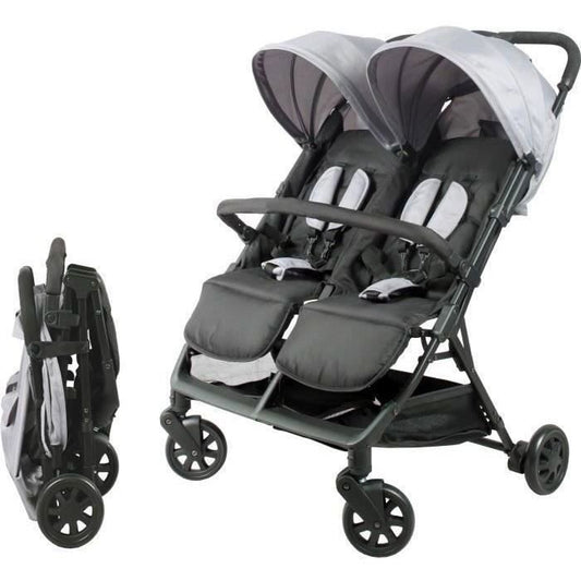 Bambisol - DS209 GREY BLACK - Side-by-Side Double Stroller | For Twins from Birth, Ultra-Compact Fold | Black Grey