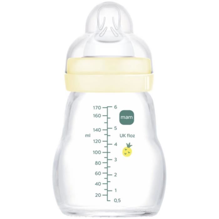 MAM Glass Bottle - 170ml - 0 to 6 months - Teat Flow 1 - White