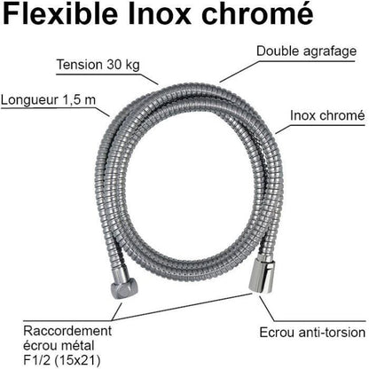 Shower hose - ROUSSEAU - Anti-twist metal nuts - Flow reducer - Length 1.50m - Double-stapled chrome-plated stainless steel