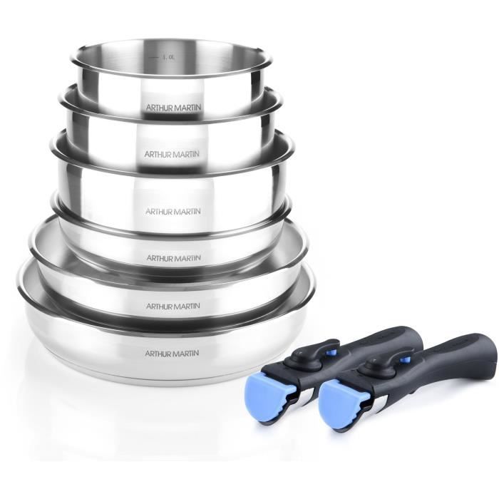 ARTHUR MARTIN AM5538 - 8-piece stainless steel cookware set: 3 pans, 3 saucepans, 2 handles - All hobs including induction