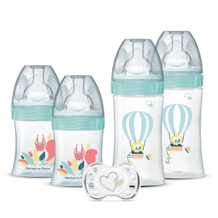DODIE Set of 4 birth bottles Anti-Colic Flat Teat (2x150mL and 2x270mL), + a birth pacifier
