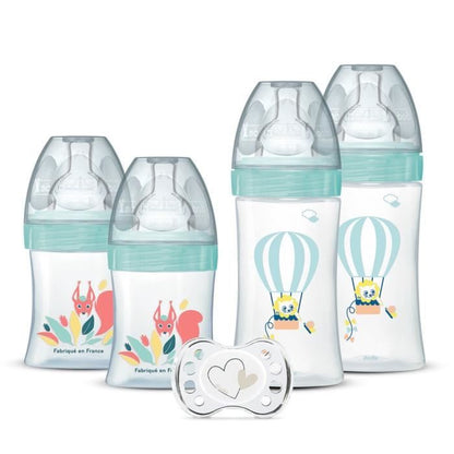 DODIE Set of 4 birth bottles Anti-Colic Flat Teat (2x150mL and 2x270mL), + a birth pacifier