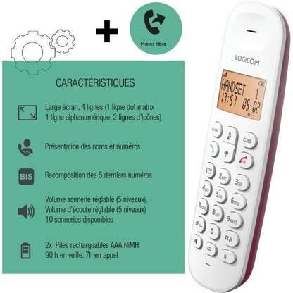 Fixed cordless telephone - LOGICOM - DECT ILOA 150 SOLO - Raspberry - Without answering machine