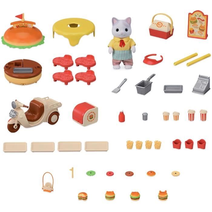 SYLVANIAN FAMILIES Food Playset - Hamburger Stand - Papa Cat Latte and Scooter