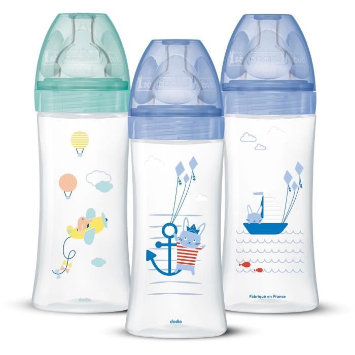 DODIE Set of 3 Sensation+ Anti-Colic Baby Bottles 330ml +6 Months, Flat Teat, Flow 3 - Sea Blue and Air Green