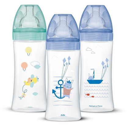 DODIE Set of 3 Sensation+ Anti-Colic Baby Bottles 330ml +6 Months, Flat Teat, Flow 3 - Sea Blue and Air Green