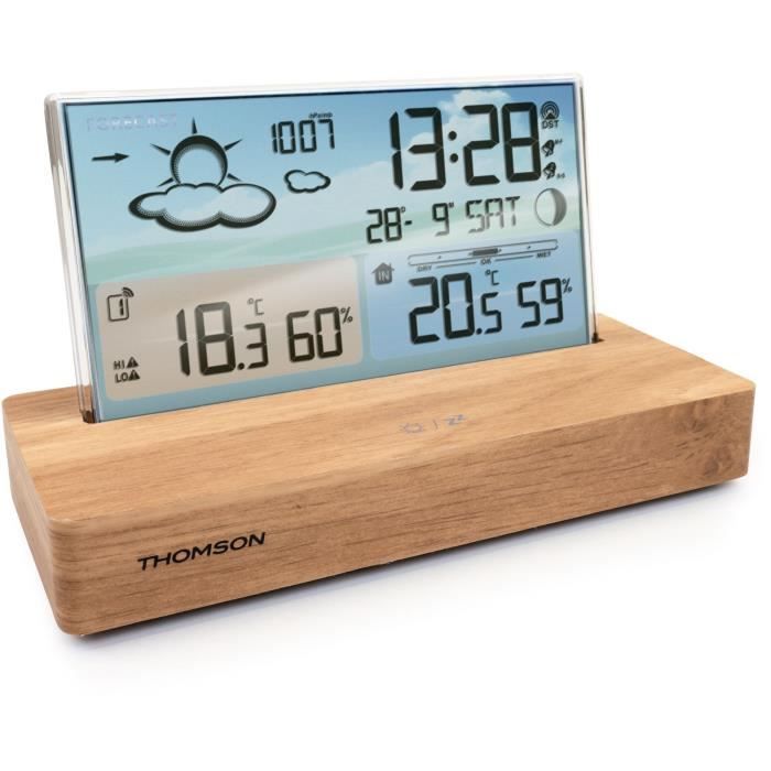 Weather station alarm clock - THOMSON - Light wood - Temperature display, Hygrometry, Double alarm, USB-C, Wireless probe