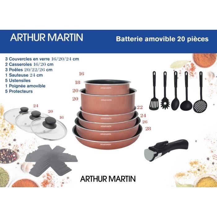 Kitchen battery 20 pieces Arthur Martin - Aluminum - Removable handle - All lights including induction