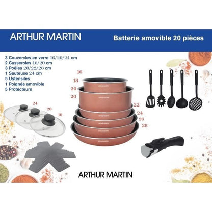 Kitchen battery 20 pieces Arthur Martin - Aluminum - Removable handle - All lights including induction