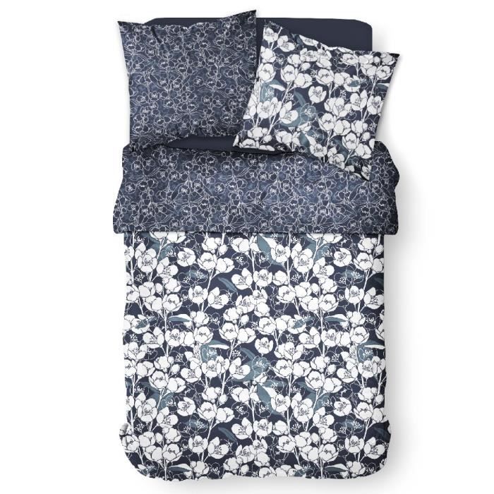 Mawira bed set - 2 people - 260 x 240 cm - 100% cotton - Navy blue floral motif - TODAY