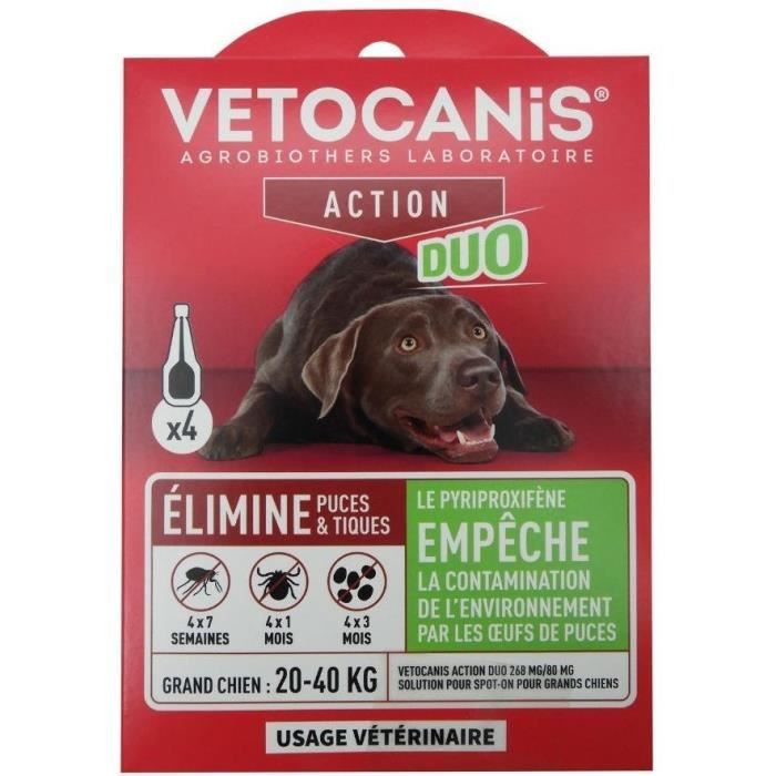 Pipettes - VETOCANIS - x4 Anti-flea and tick Duo Pipettes 268mg/80mg for Large Dogs
