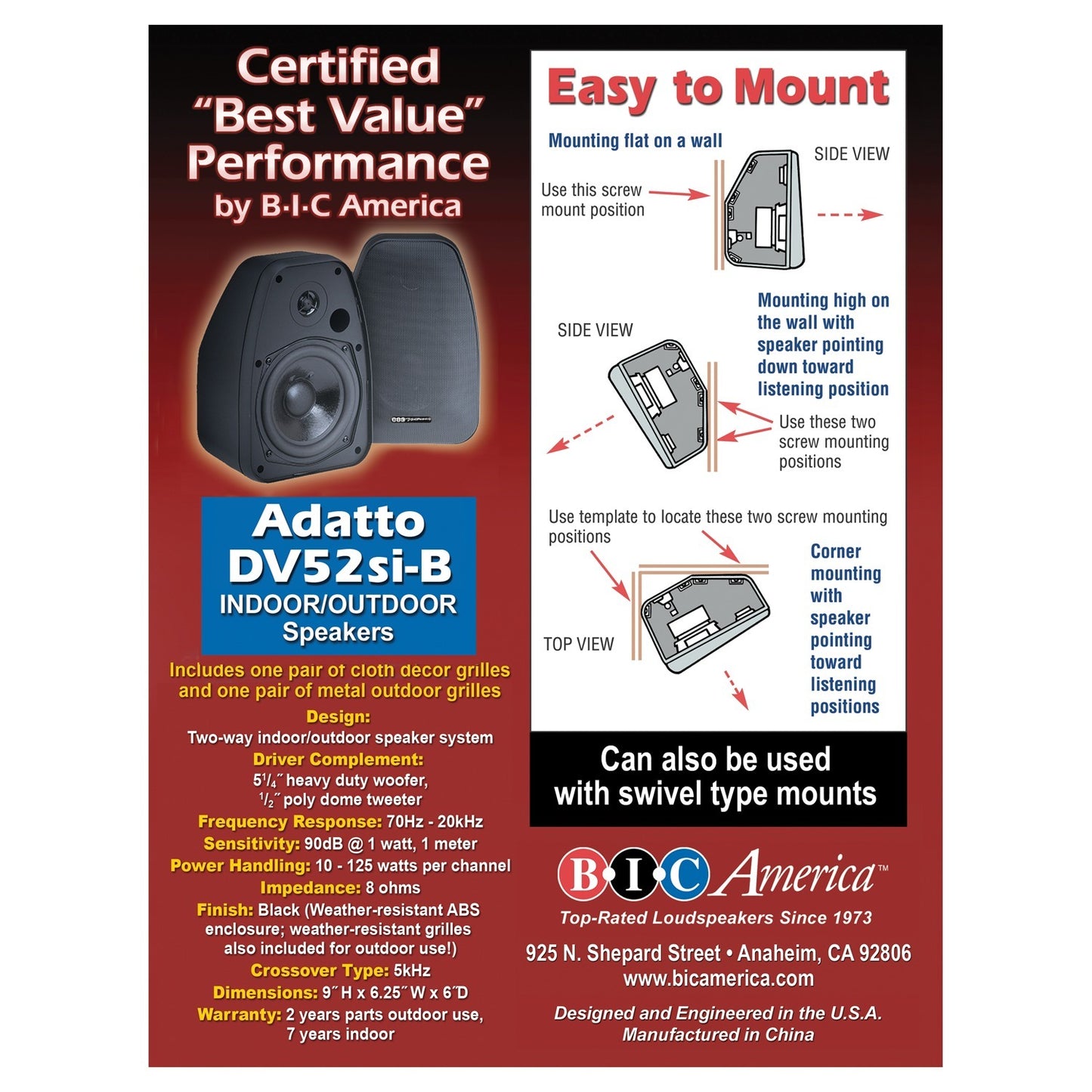 BIC America ADATTO DV52SI Adatto DV52si 5.25-In. Indoor/Outdoor Weather-Resistant Bookshelf Speakers, 125 Watts, Black