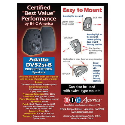 BIC America ADATTO DV52SI Adatto DV52si 5.25-In. Indoor/Outdoor Weather-Resistant Bookshelf Speakers, 125 Watts, Black