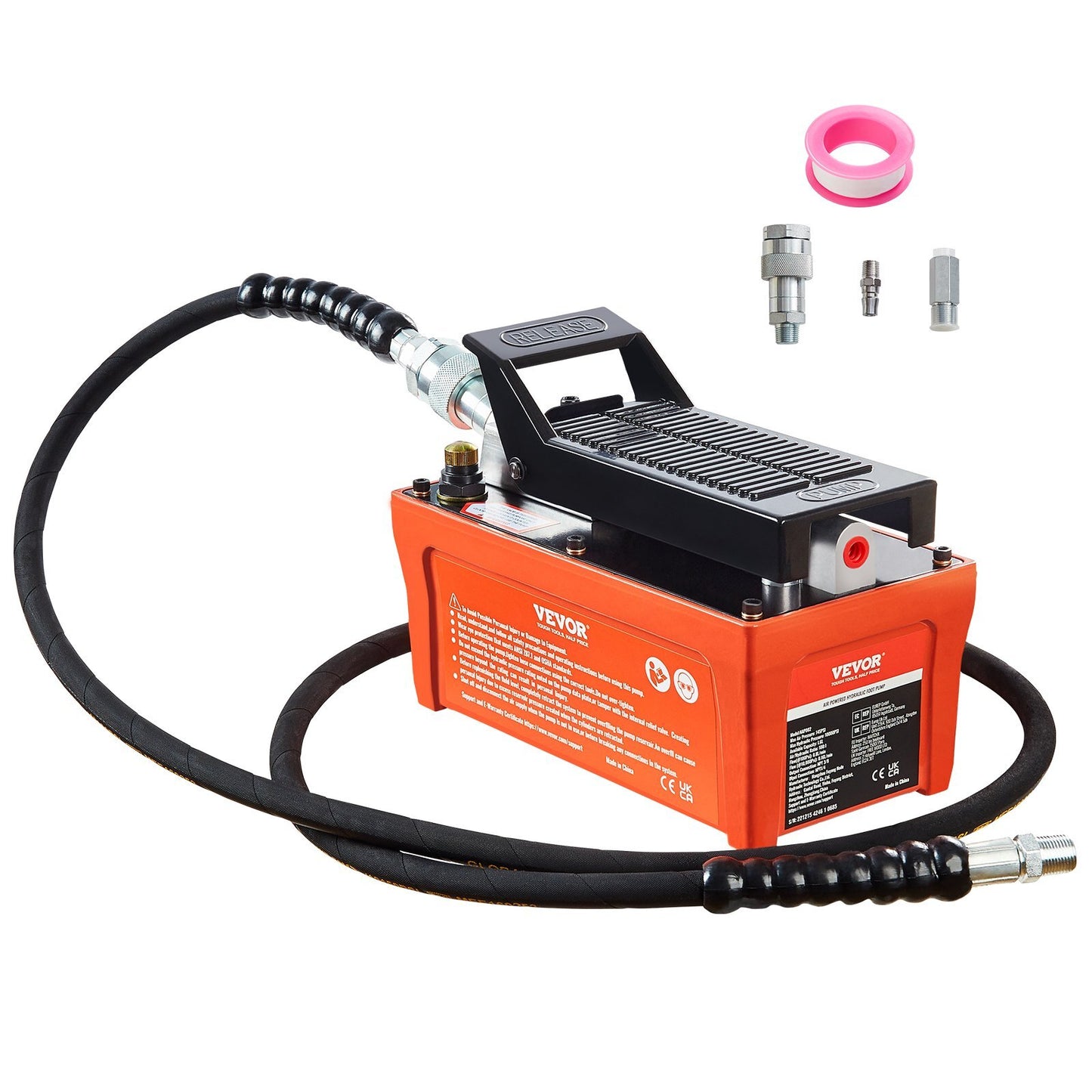 VEVOR lufthydraulpump, 10 000 PSI 1/2 gal behållare, NPT 3/8" oljeutlopp, NPT 1/4" inlopp, 6,6 fot rör, fotmanövrerad hydraulpump luftpedal för bilrammaskiner och dragstolpe, orange