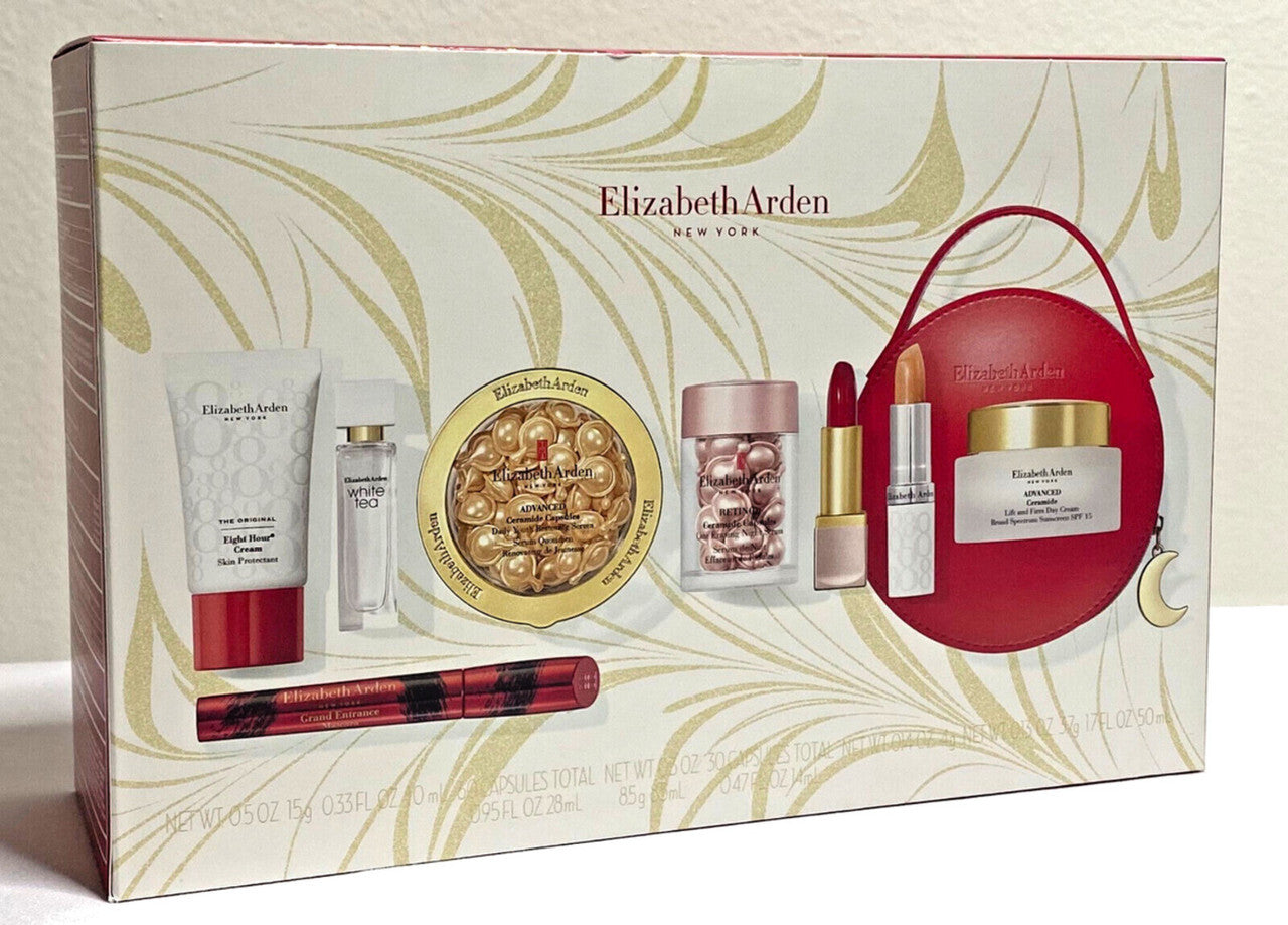Elizabeth arden 9 pcs set: advanced ceramide 60 capsules + retinol ceramide 30 capsules + advanced ceramide 1.7 cream + 0.5 skin cream + 0.37 lip cream + 0.14 lipstick red door 019 + 0.3 mascara + white tea 0.33 edt sp + hand bag