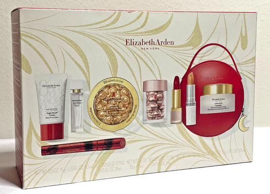 Elizabeth arden 9 pcs set: advanced ceramide 60 capsules + retinol ceramide 30 capsules + advanced ceramide 1.7 cream + 0.5 skin cream + 0.37 lip cream + 0.14 lipstick red door 019 + 0.3 mascara + white tea 0.33 edt sp + hand bag