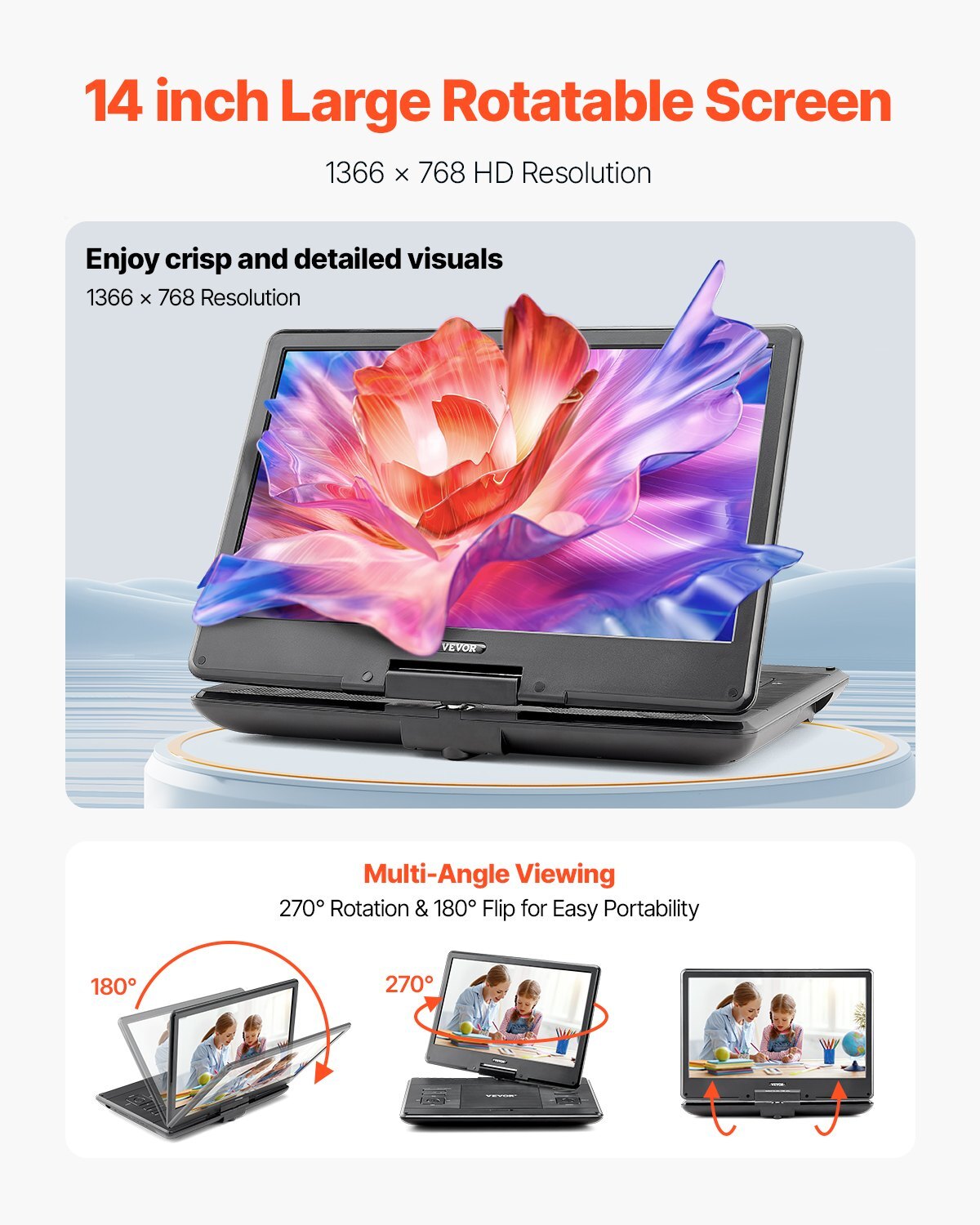 Portable DVD Player 14inch HD Swivel Display Screen 4.5-5 Hours Built-in Battery