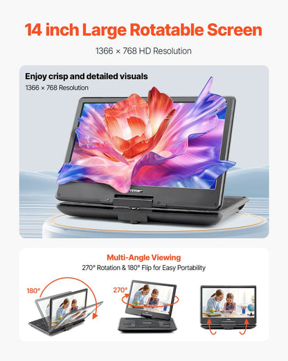 Portable DVD Player 14inch HD Swivel Display Screen 4.5-5 Hours Built-in Battery