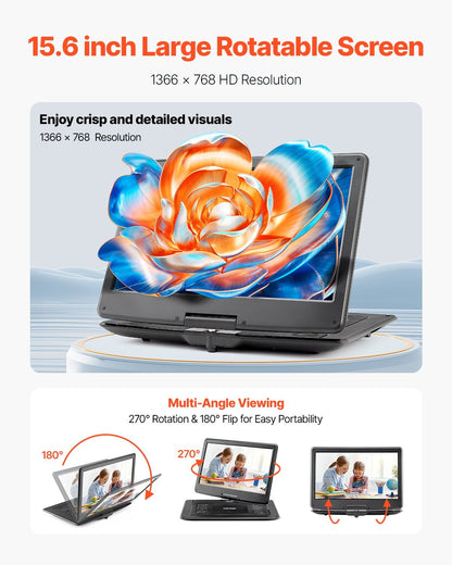 Portable DVD Player 15.6 inch HD Swivel Display Screen 4.5-5 H Built-in Battery