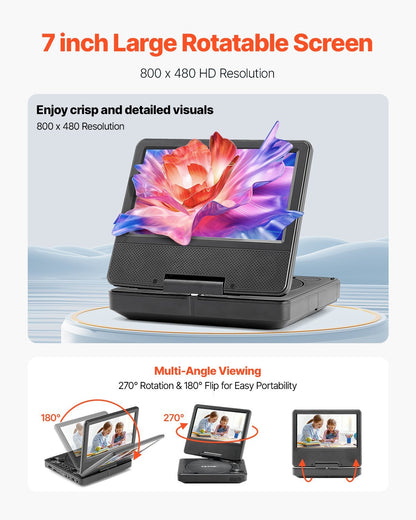 Portable DVD Player 7 inch HD Swivel Display Screen 4 Hours Built-in Battery
