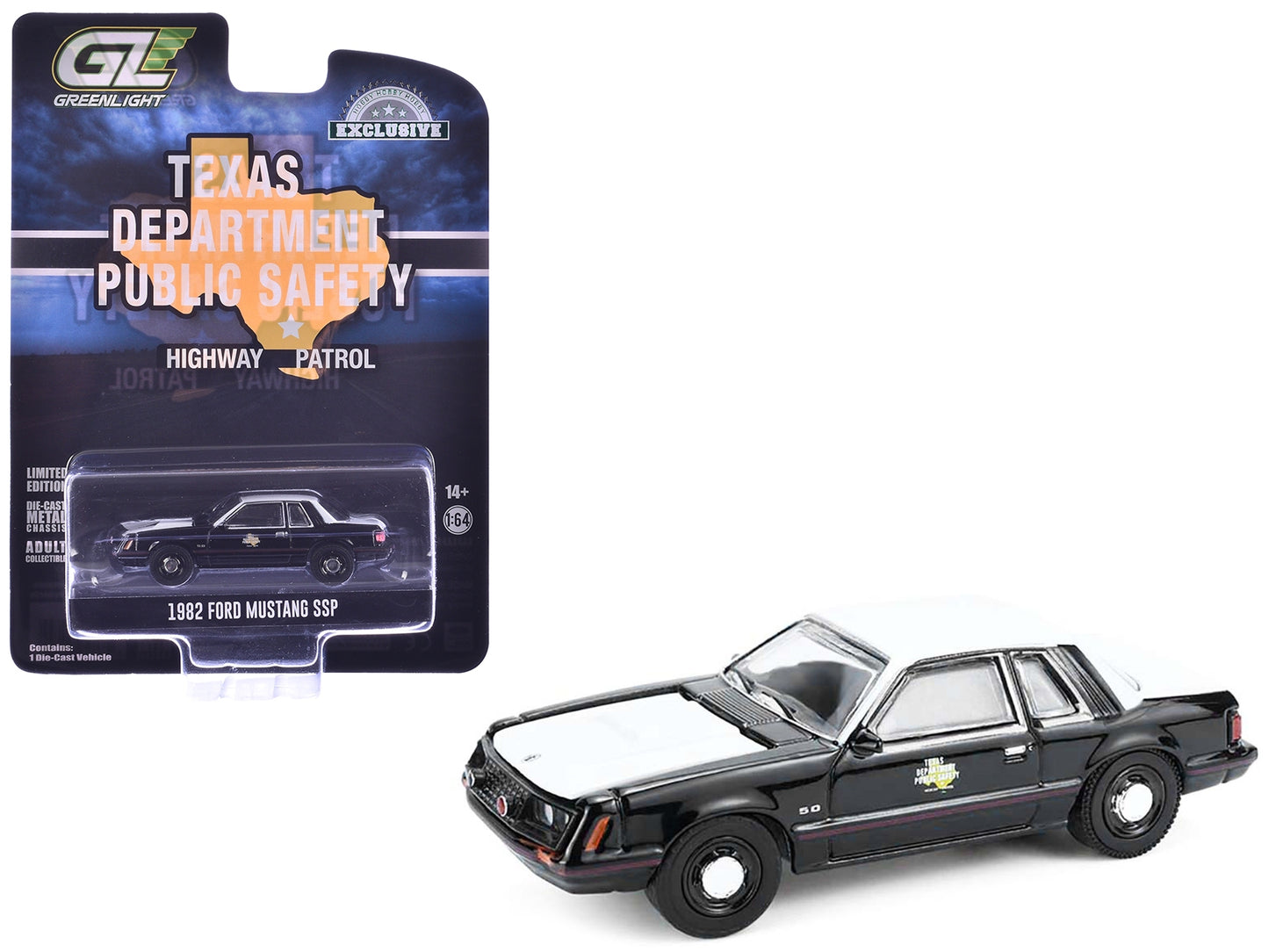 1982 Ford Mustang SSP "Texas Department of Public Safety Highway Patrol" Black with White Hood and Top "Hobby Exclusive" Series 1/64 Diecast Model Car by Greenlight