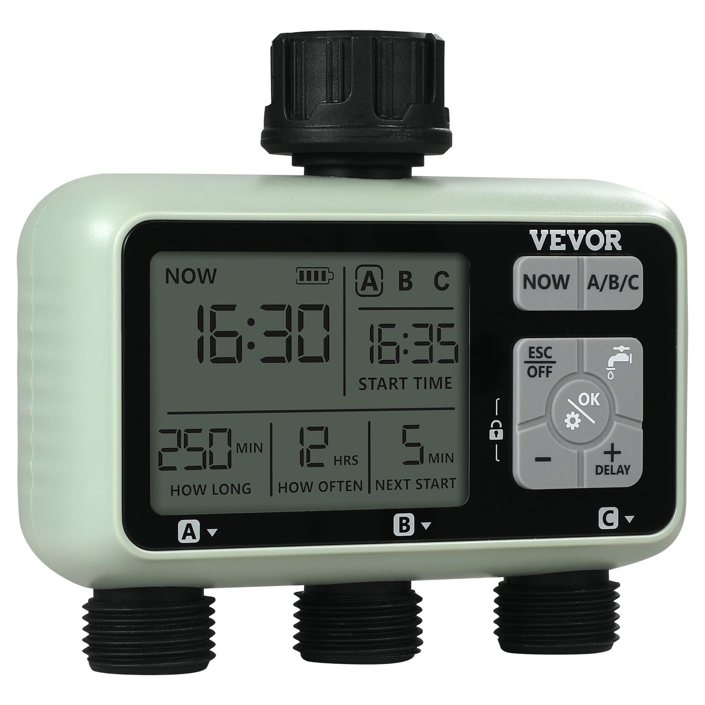 VEVOR Water Timer, 3 Outlets, Hose Watering Sprinkler Timer, with 3 Independent Watering Zone LCD Display Rain Delay Mode Manual Mode 360? Brass Inlet Metal Filter, IPX6 Waterproof for Yard Watering