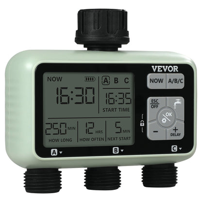 VEVOR Water Timer, 3 Outlets, Hose Watering Sprinkler Timer, with 3 Independent Watering Zone LCD Display Rain Delay Mode Manual Mode 360? Brass Inlet Metal Filter, IPX6 Waterproof for Yard Watering