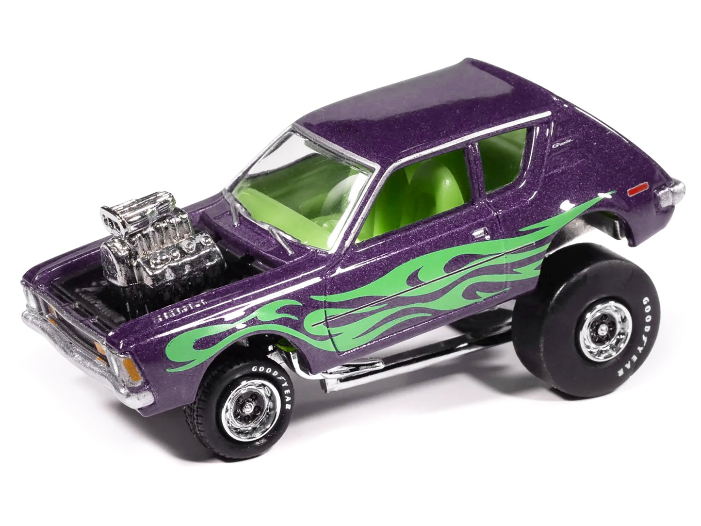 1971 AMC Gremlin Passion Purple Metallic with Green Flames and Interior "Zingers!" Series 1/64 Diecast Model Car by Johnny Lightning