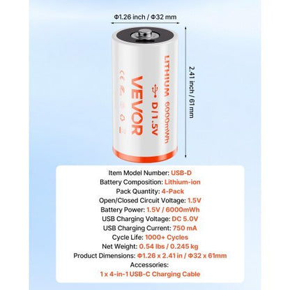 VEVOR Rechargeable D Batteries 4 Pack 1.5V 6000mWh Lithium D Battery USB-C Cable