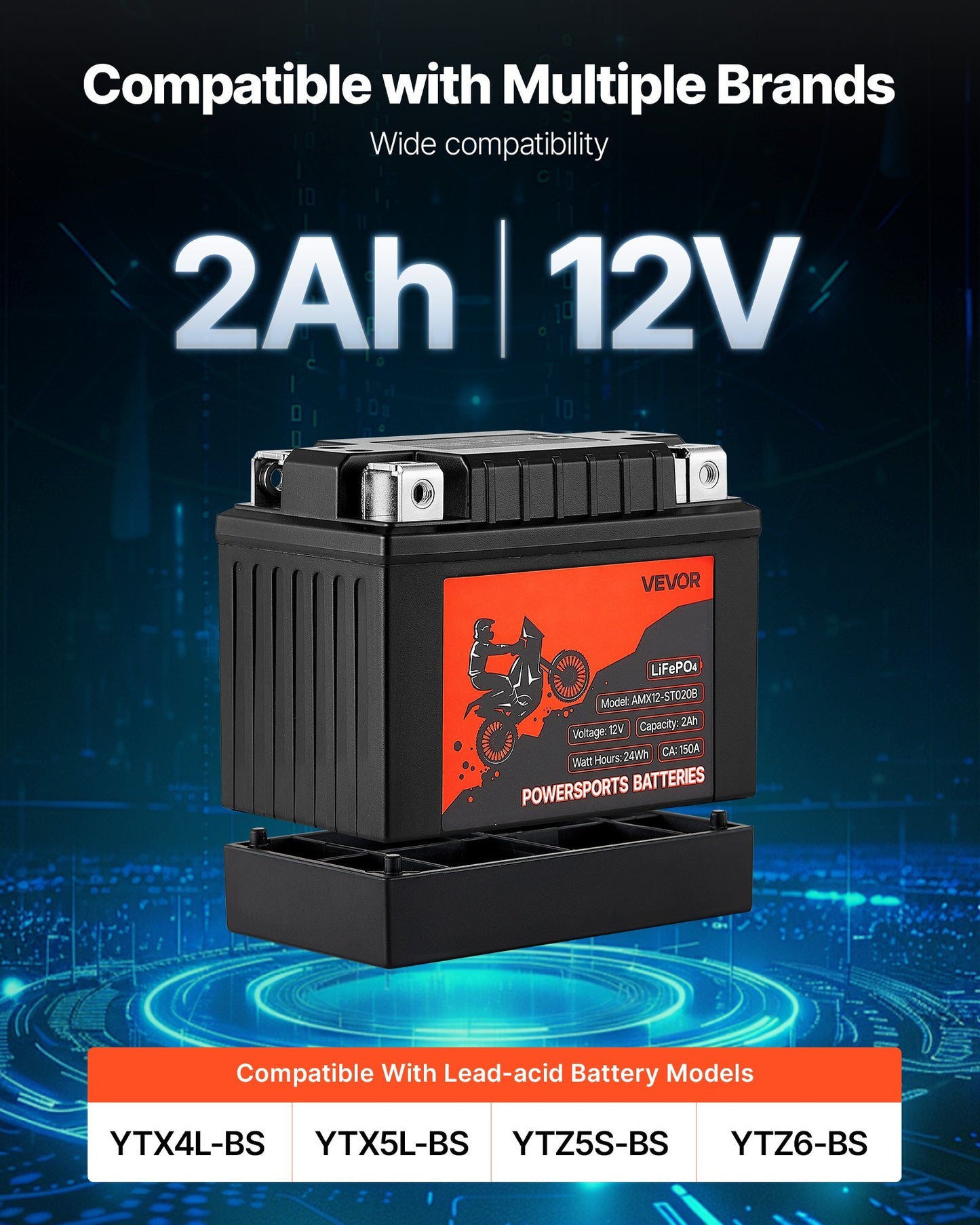 VEVOR Motorcycle Battery 12V 2Ah YTX5L-BS High Performance Powersports Battery