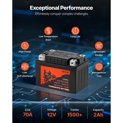 VEVOR Motorcycle Battery 12V 2Ah YTX5L-BS High Performance Powersports Battery