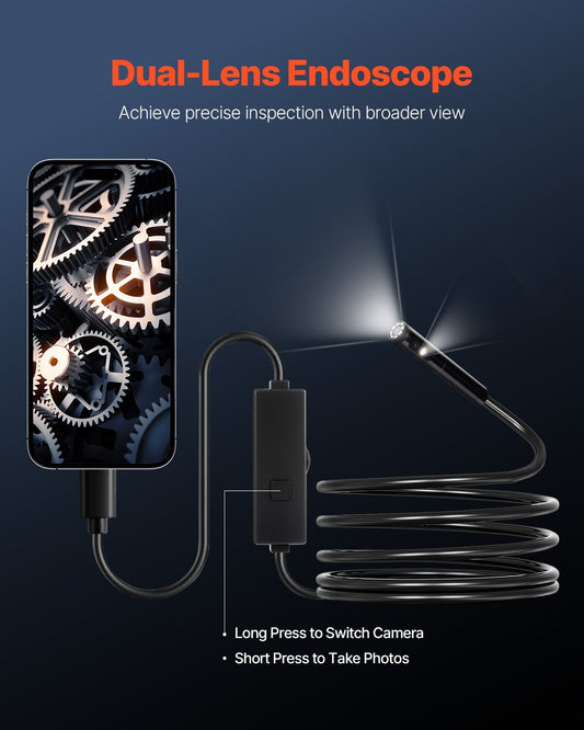 Endoscope Camera with Light, Dual Lens Borescope for Android & IOS, 1920P HD Inspection Camera with 8 + 1 LED Lights, 2X Zoom, 10FT Snake Cable, IP67 Waterproof Snake Camera for Auto, Plumbing