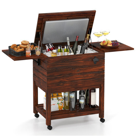 54 Quart Wooden Cooler Cart for Patio Rolling Ice Chest with Shelves-Brown