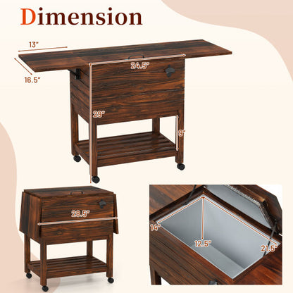 54 Quart Wooden Cooler Cart for Patio Rolling Ice Chest with Shelves-Brown