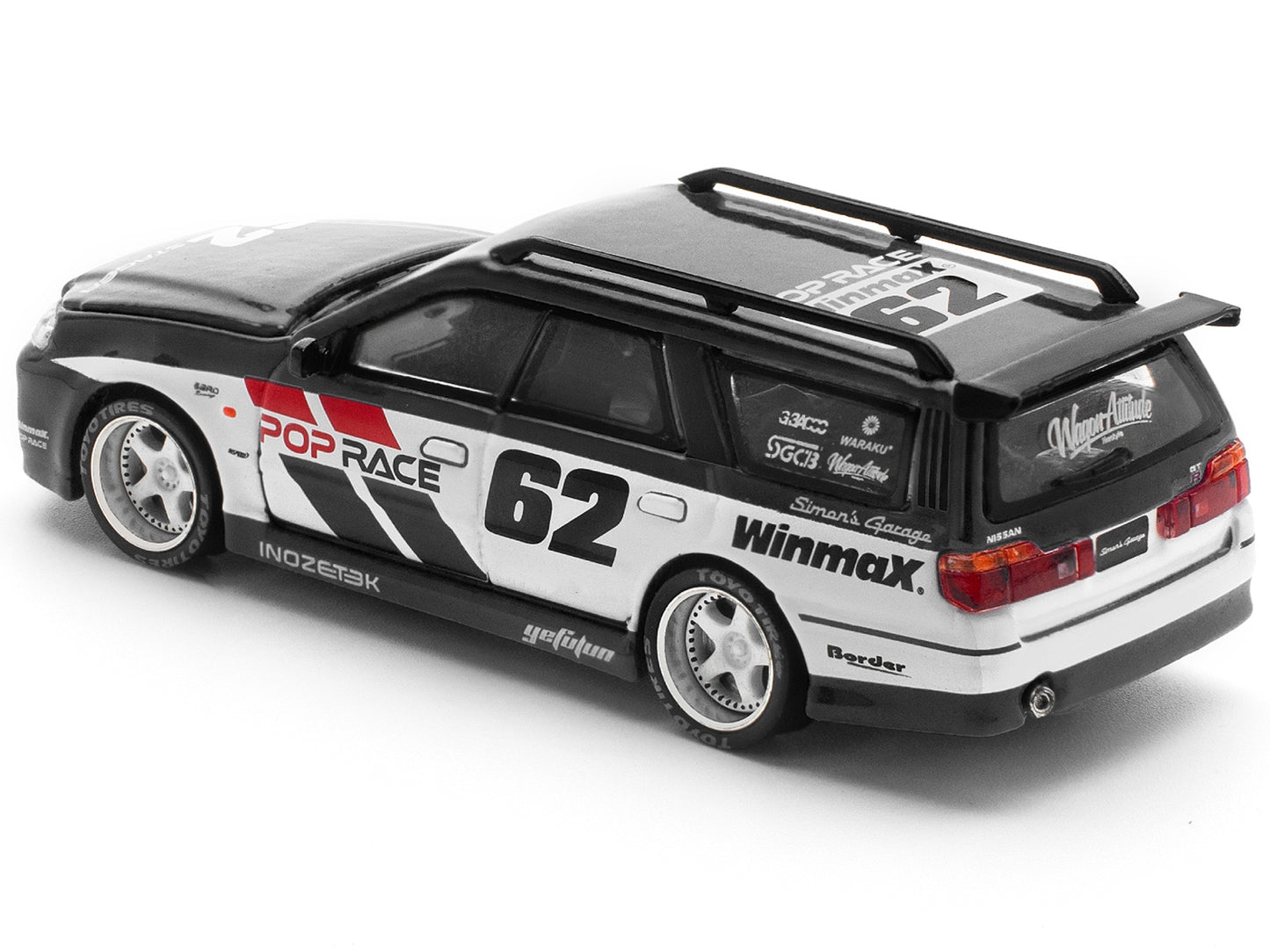 GT-R Stagea RHD (Right Hand Drive) #62 "Simon's Garage" Black with White Sides 1/64 Diecast Model Car by Pop Race